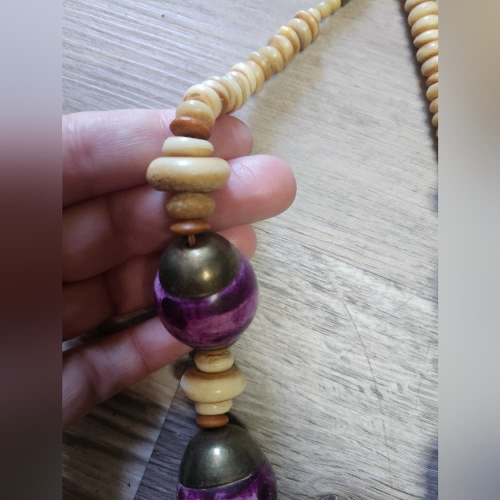 Vintage Chunky Purple And Terra Cotta Shell Bone Beaded Necklace - Thumbnail 6