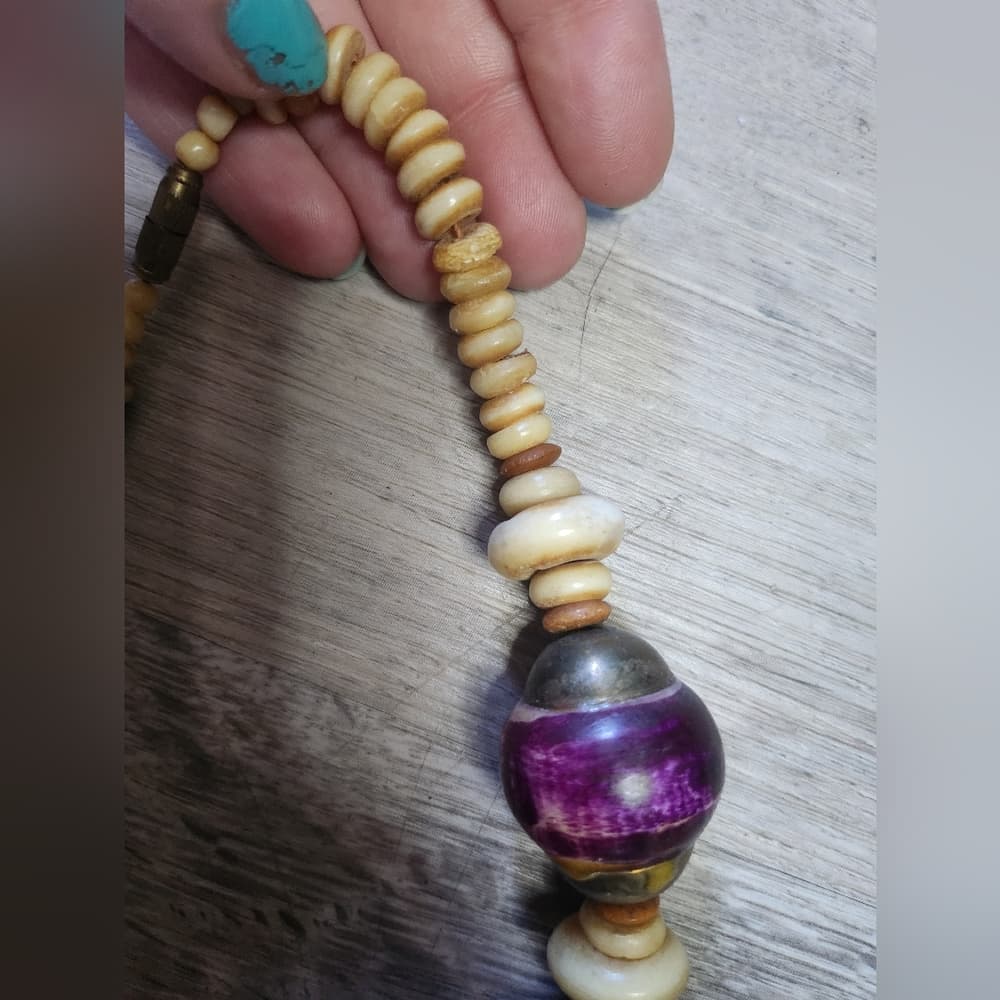 Vintage Chunky Purple And Terra Cotta Shell Bone Beaded Necklace - Thumbnail 8