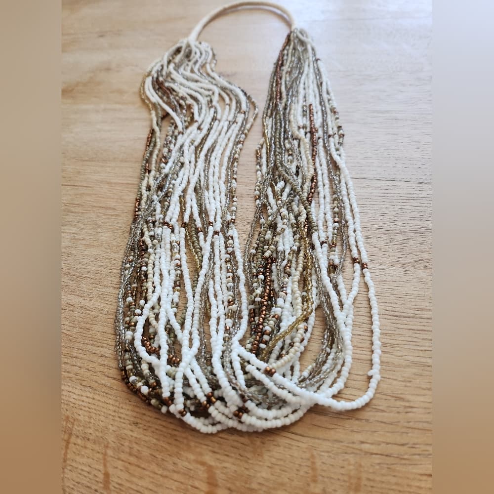 Elegant Multi-Strand Layered White And Copper Beaded Necklace - Thumbnail 5
