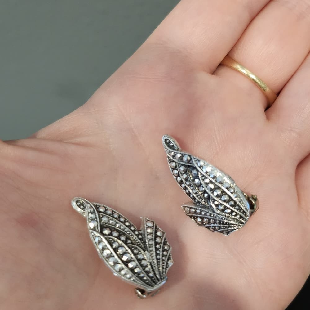 Vintage Western Germany Marcasite Clip On Earrings - Thumbnail 10