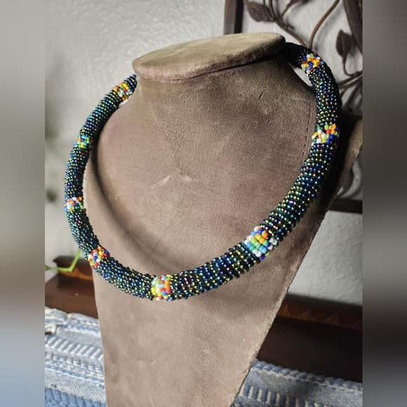 Tribal Style Colorful Seed Beaded Tube Necklace - Thumbnail 6