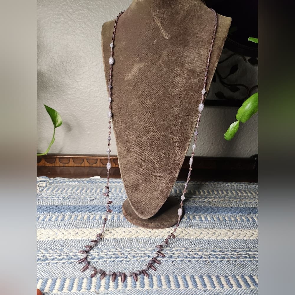 Long Elegant Purple Acrylic Beaded Necklace With Bead Fringe