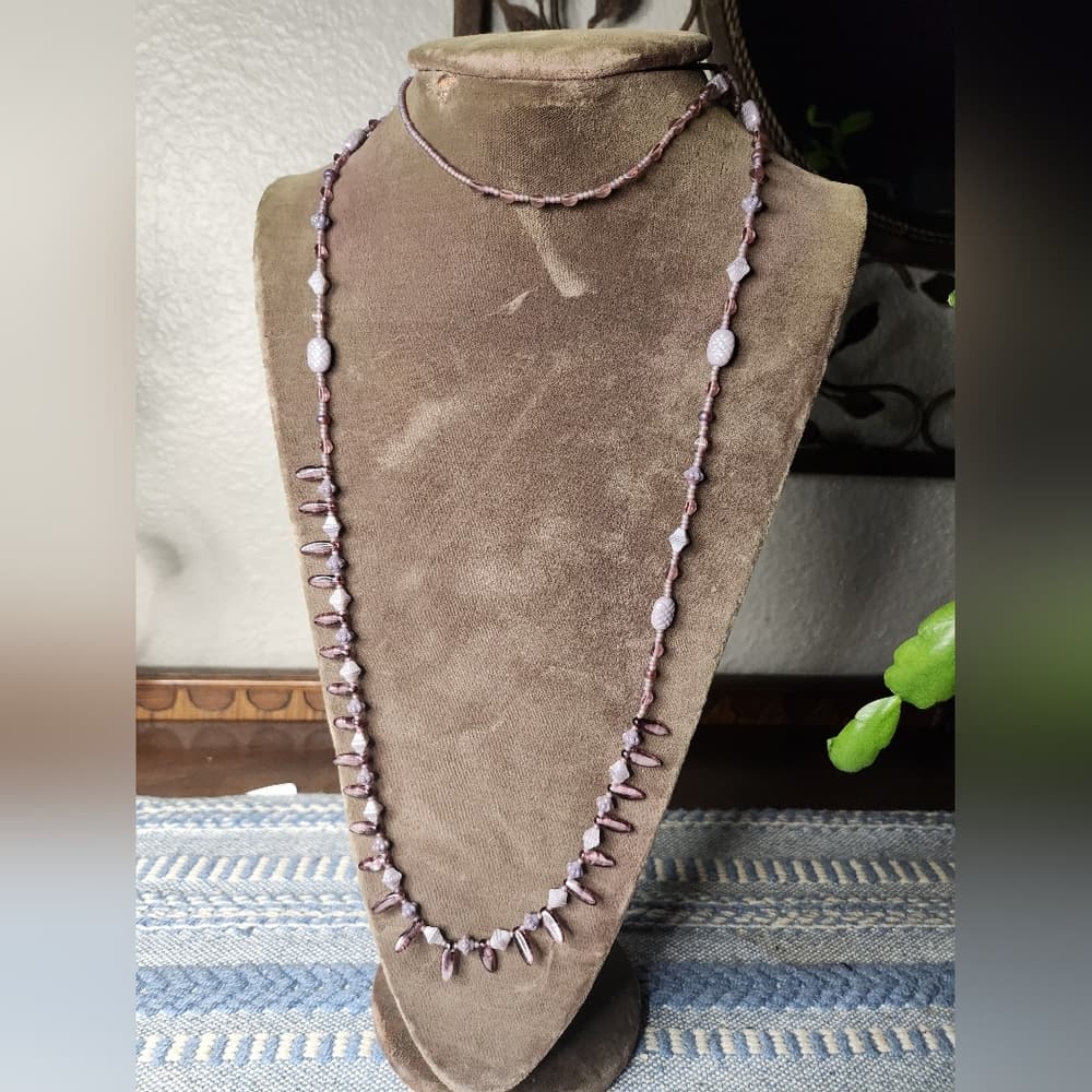 Long Elegant Purple Acrylic Beaded Necklace With Bead Fringe - Thumbnail 4