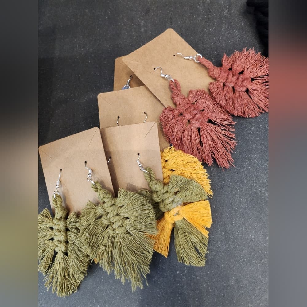 Boho Macrame Fringe Knotted Leaf Shape Drop Large statement earrings - Thumbnail 14