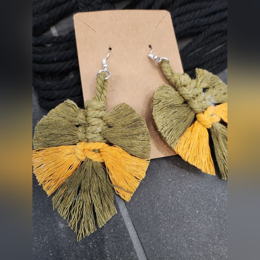 Boho Macrame Fringe Knotted Leaf Shape Drop Large statement earrings - Thumbnail 8