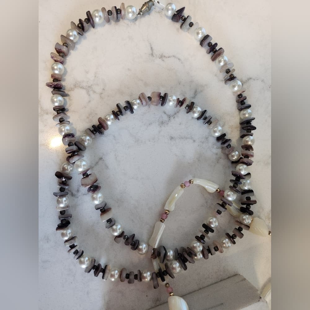 Two Vintage Beaded Shell Pearl and Mother Of Pearl Necklaces