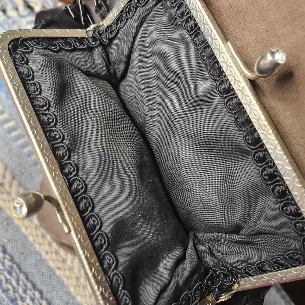 Elegant Formal Black Satin Like Beaded Clutch With Rinestone Clasp - Thumbnail 5