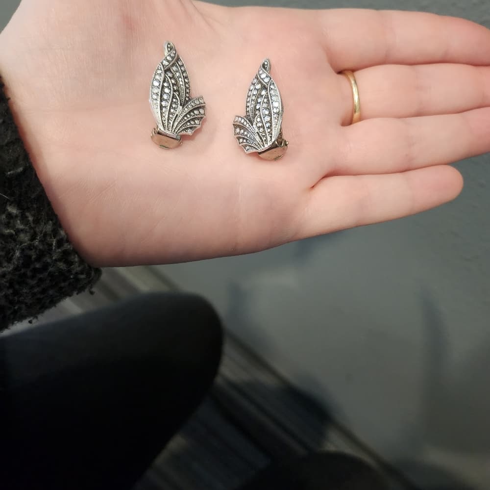 Vintage Western Germany Marcasite Clip On Earrings - Thumbnail 8