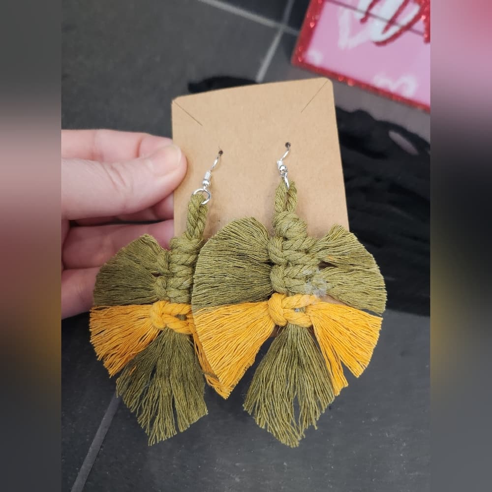 Boho Macrame Fringe Knotted Leaf Shape Drop Large statement earrings - Thumbnail 9
