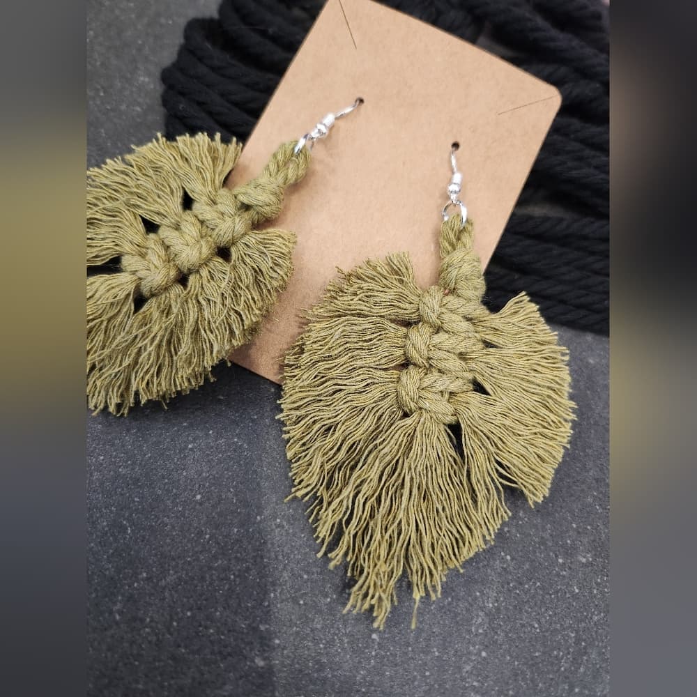 Boho Macrame Fringe Knotted Leaf Shape Drop Large statement earrings - Thumbnail 4