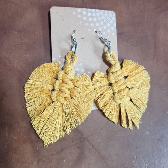 Chic Mustard Macrame Leaf Fringe Tassel Statement Earrings - Thumbnail 5