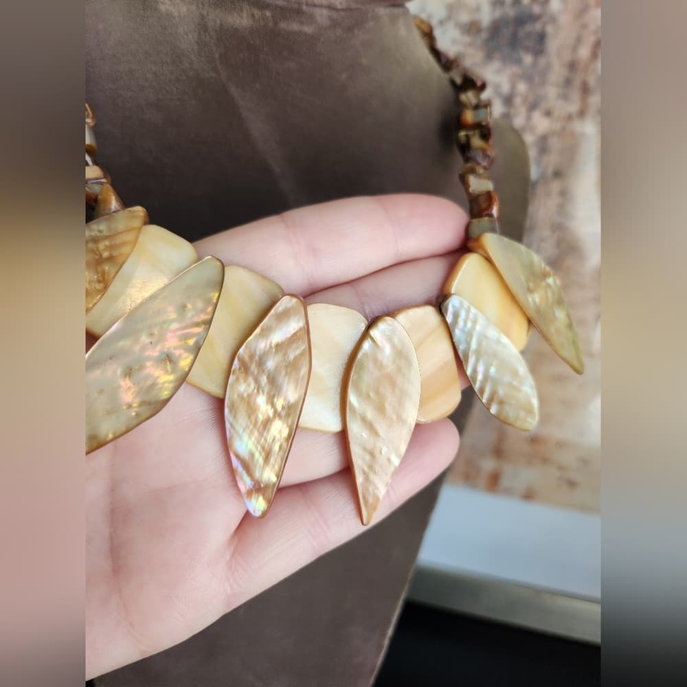 Gold and Brown Shell Leaf Statement Necklace with Organic Design