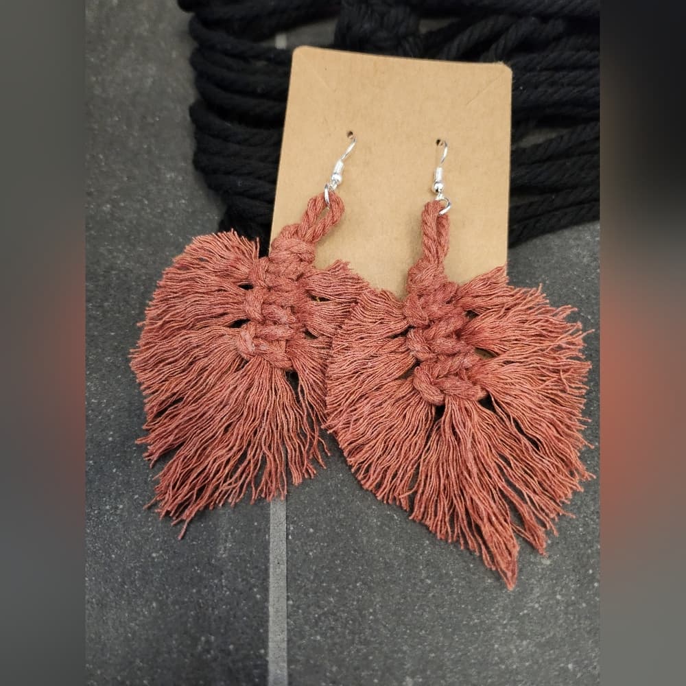 Boho Macrame Fringe Knotted Leaf Shape Drop Large statement earrings - Thumbnail 6
