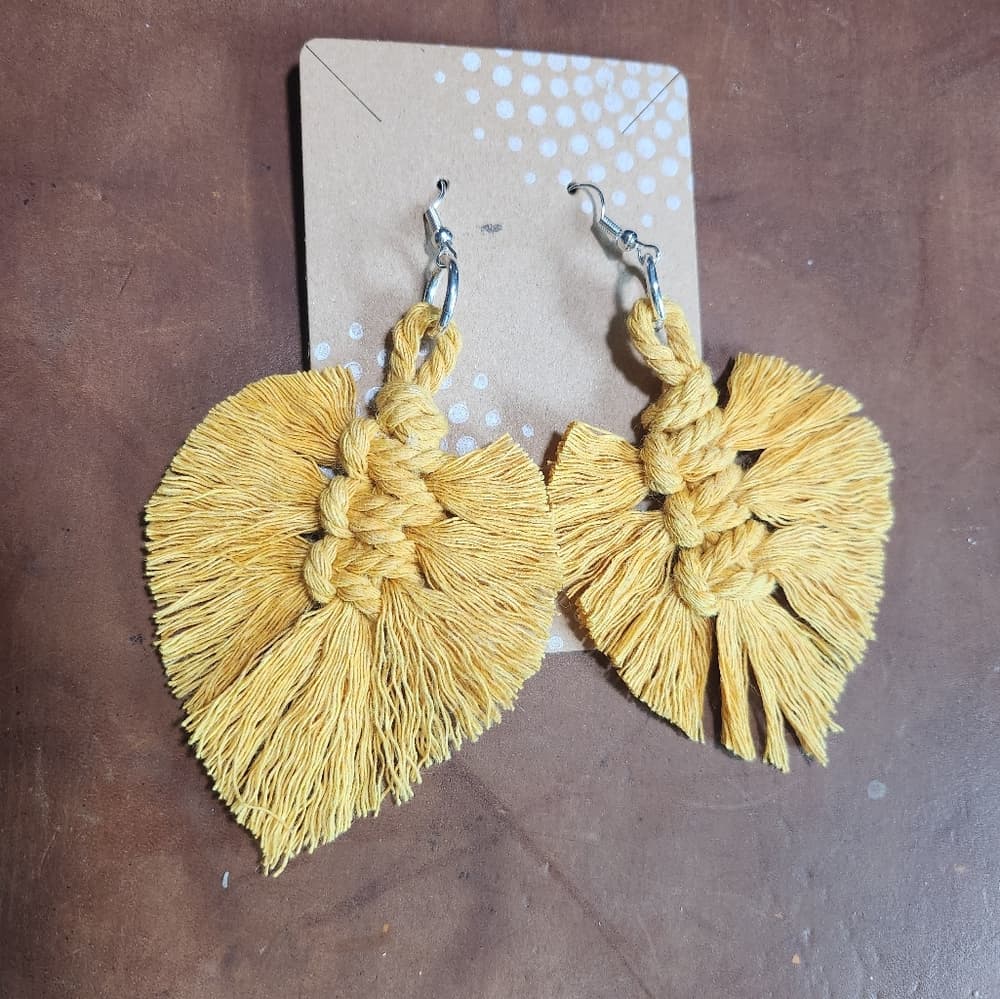 Chic Mustard Macrame Leaf Fringe Tassel Statement Earrings - Thumbnail 4