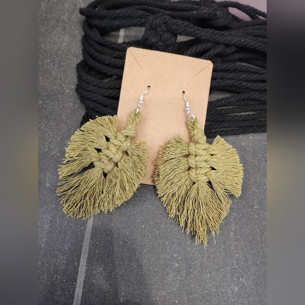 Boho Macrame Fringe Knotted Leaf Shape Drop Large statement earrings - Thumbnail 7