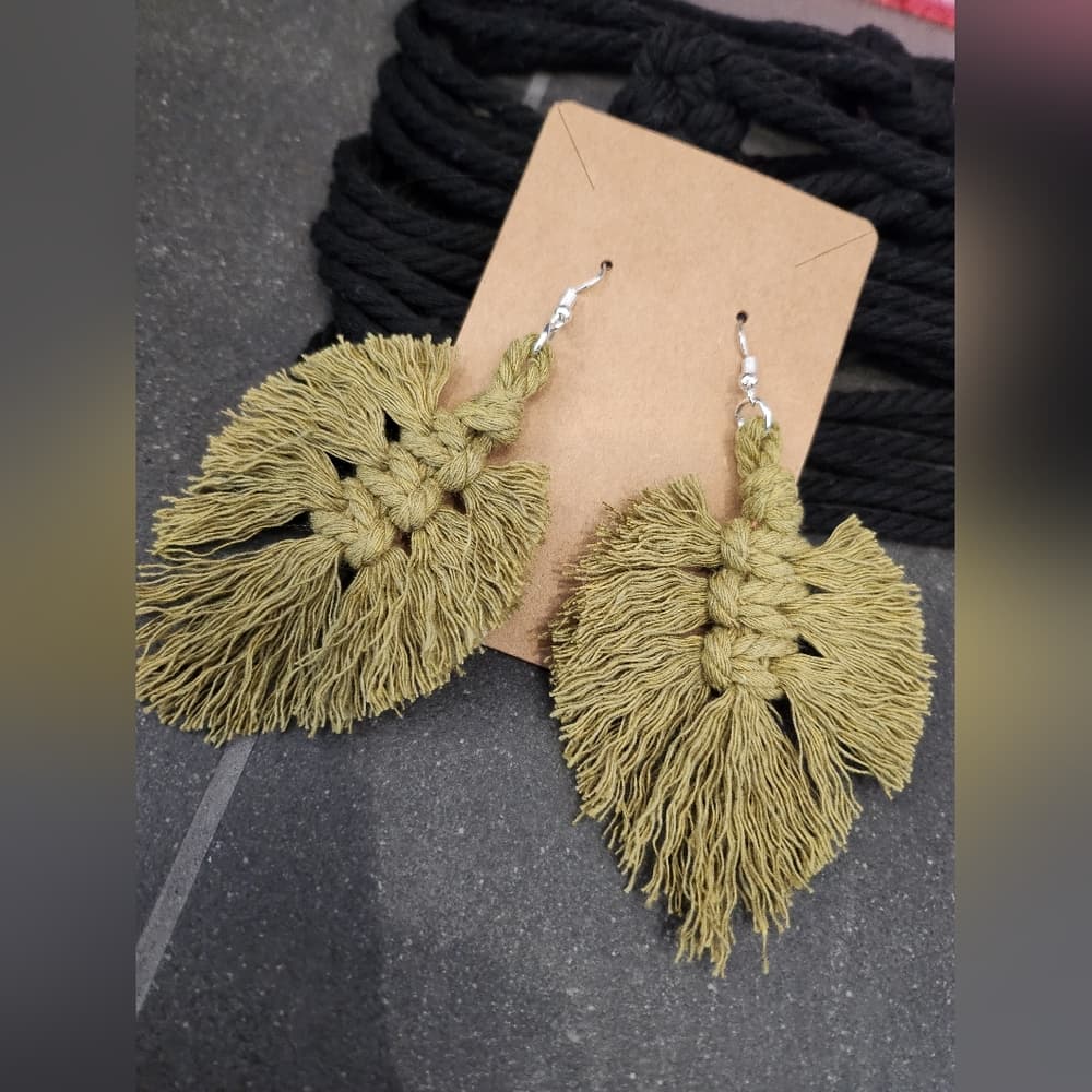 Boho Macrame Fringe Knotted Leaf Shape Drop Large statement earrings - Thumbnail 3