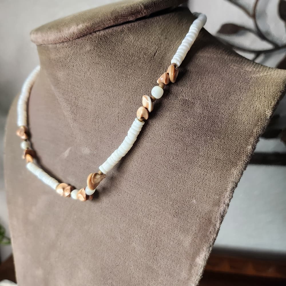 Dainty Shell And Mother Of Pearl Puka Beaded Necklace in White and Tan