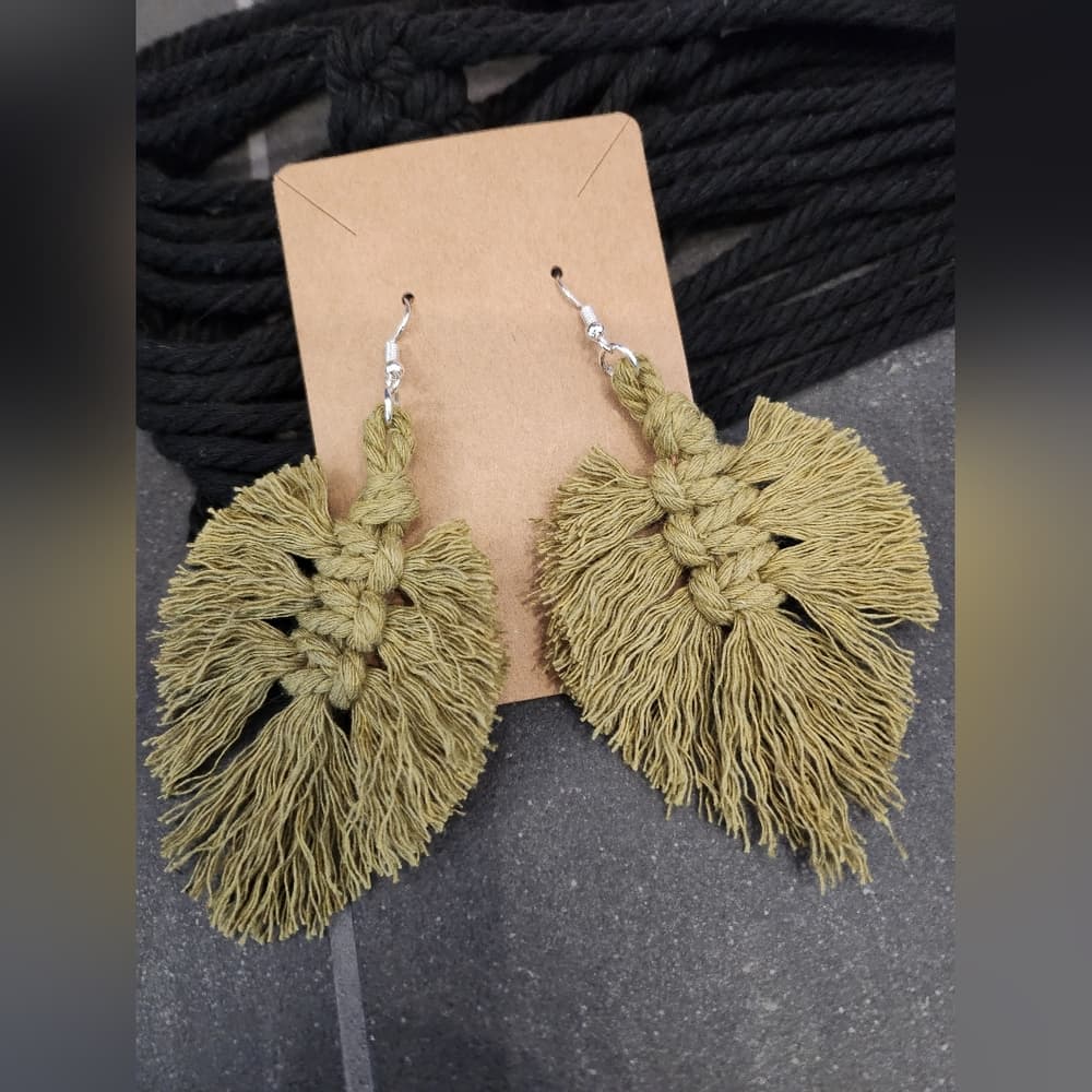Boho Macrame Fringe Knotted Leaf Shape Drop Large statement earrings - Thumbnail 2
