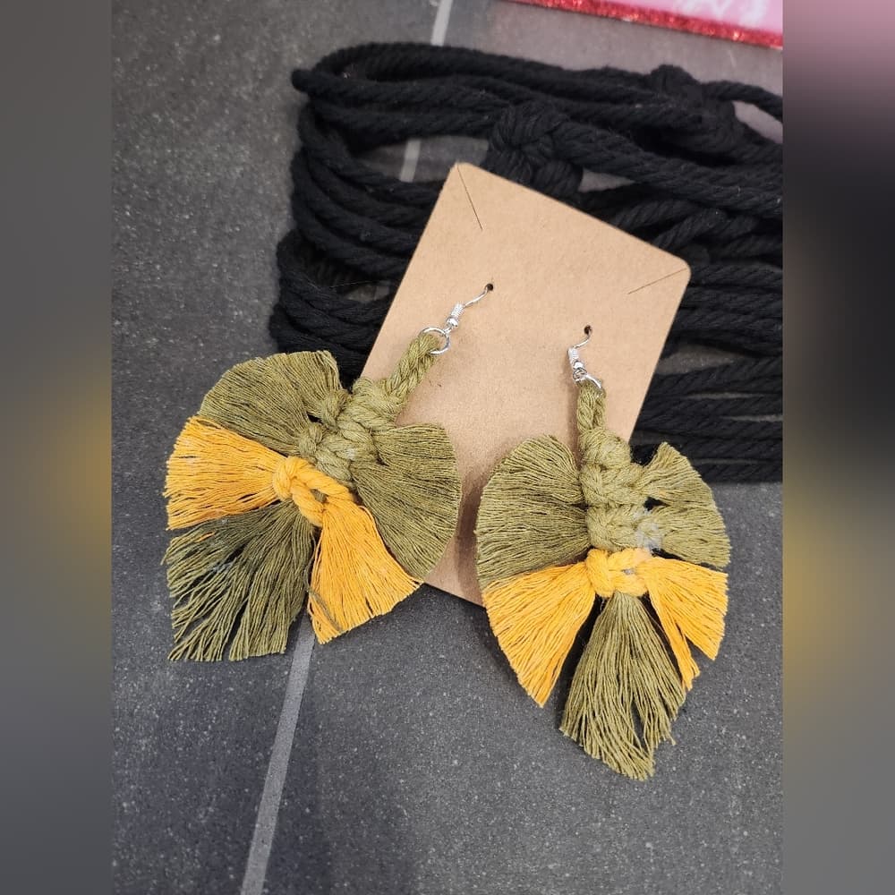 Boho Macrame Fringe Knotted Leaf Shape Drop Large statement earrings