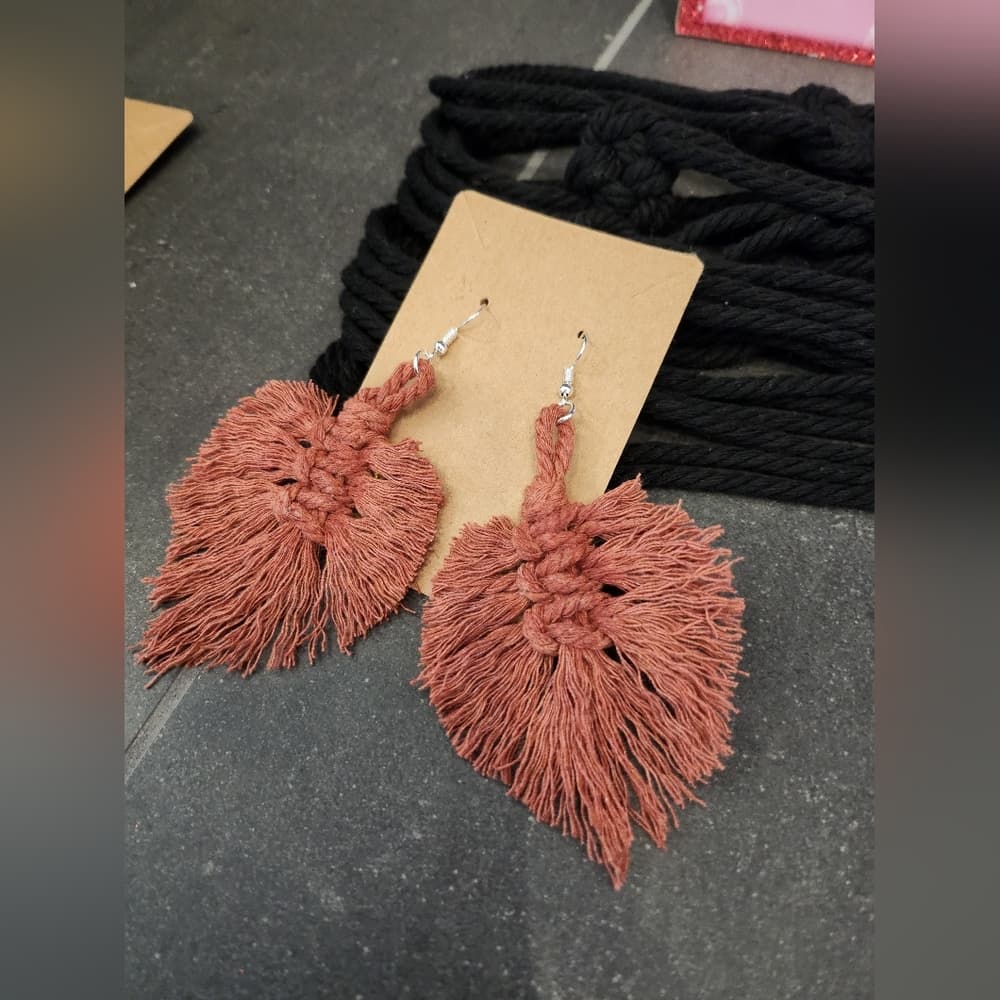 Boho Macrame Fringe Knotted Leaf Shape Drop Large statement earrings - Thumbnail 5