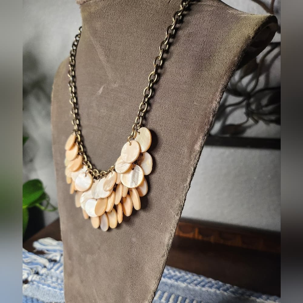 Pastel Creamy Colored Layered Disk Shell Beaded Necklace with Gold Chain