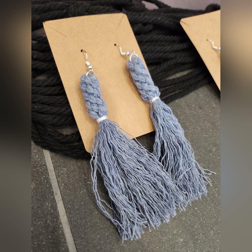 Boho Macrame Fringe Knotted Leaf Shape Drop Large statement earrings - Thumbnail 13