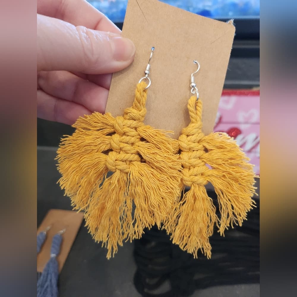 Boho Macrame Fringe Knotted Leaf Shape Drop Large statement earrings - Thumbnail 12