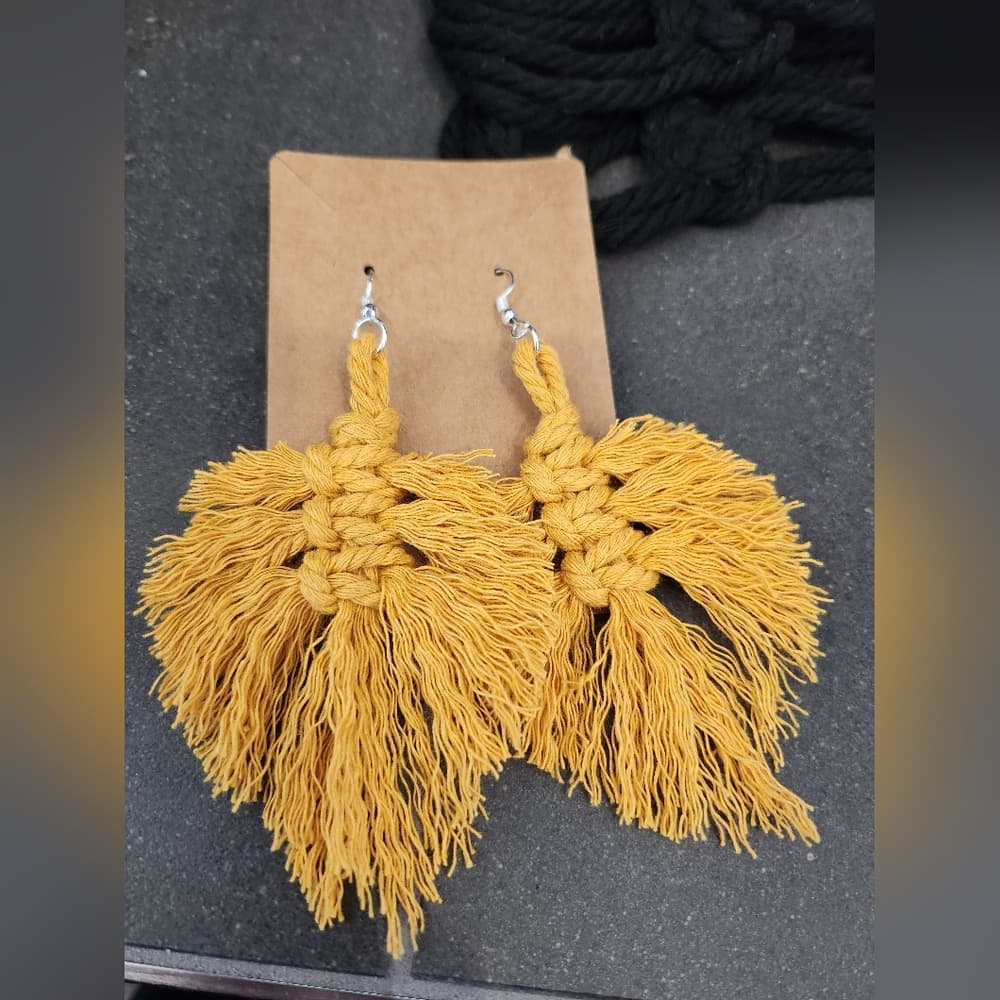 Boho Macrame Fringe Knotted Leaf Shape Drop Large statement earrings - Thumbnail 11