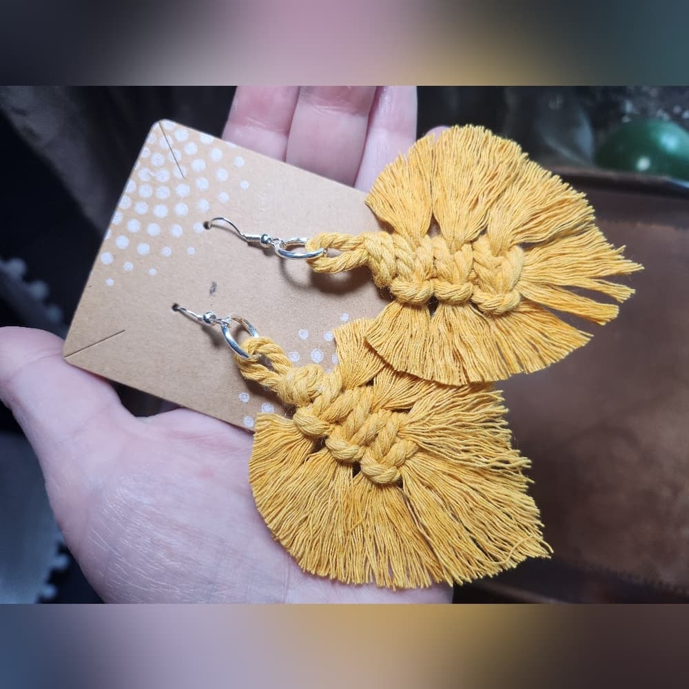 Chic Mustard Macrame Leaf Fringe Tassel Statement Earrings - Thumbnail 3