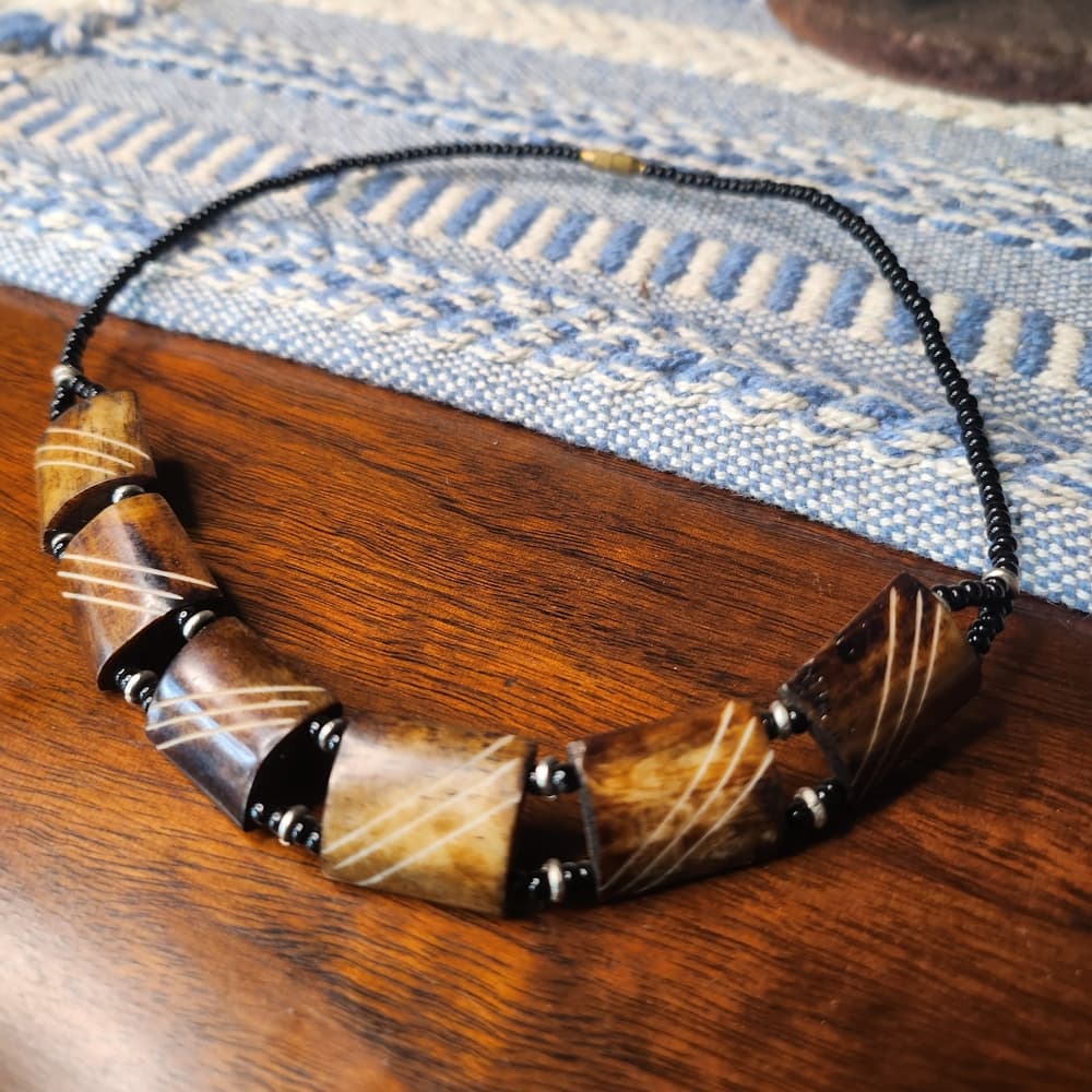 Unique Etched Bone Brown and Black Beaded Necklace - Thumbnail 4