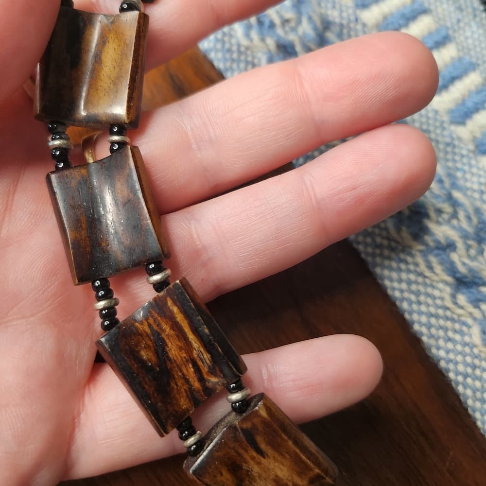 Unique Etched Bone Brown and Black Beaded Necklace - Thumbnail 6