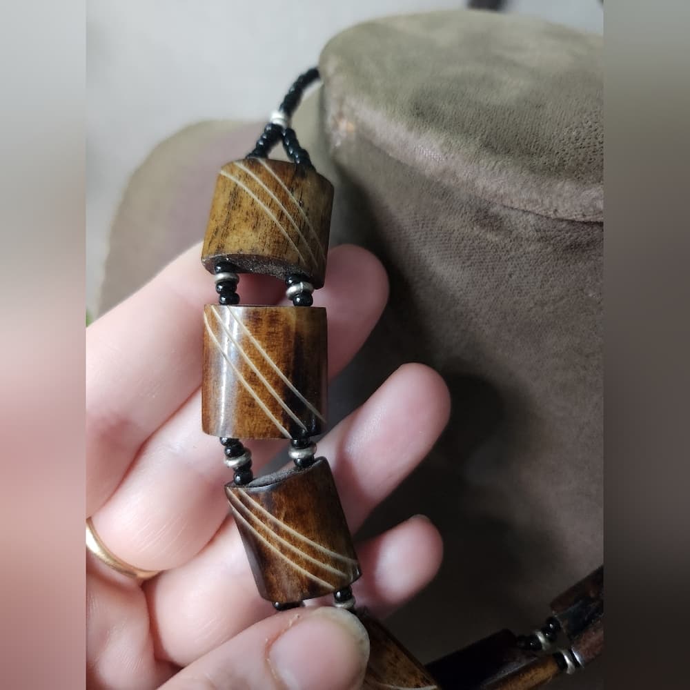 Unique Etched Bone Brown and Black Beaded Necklace - Thumbnail 3