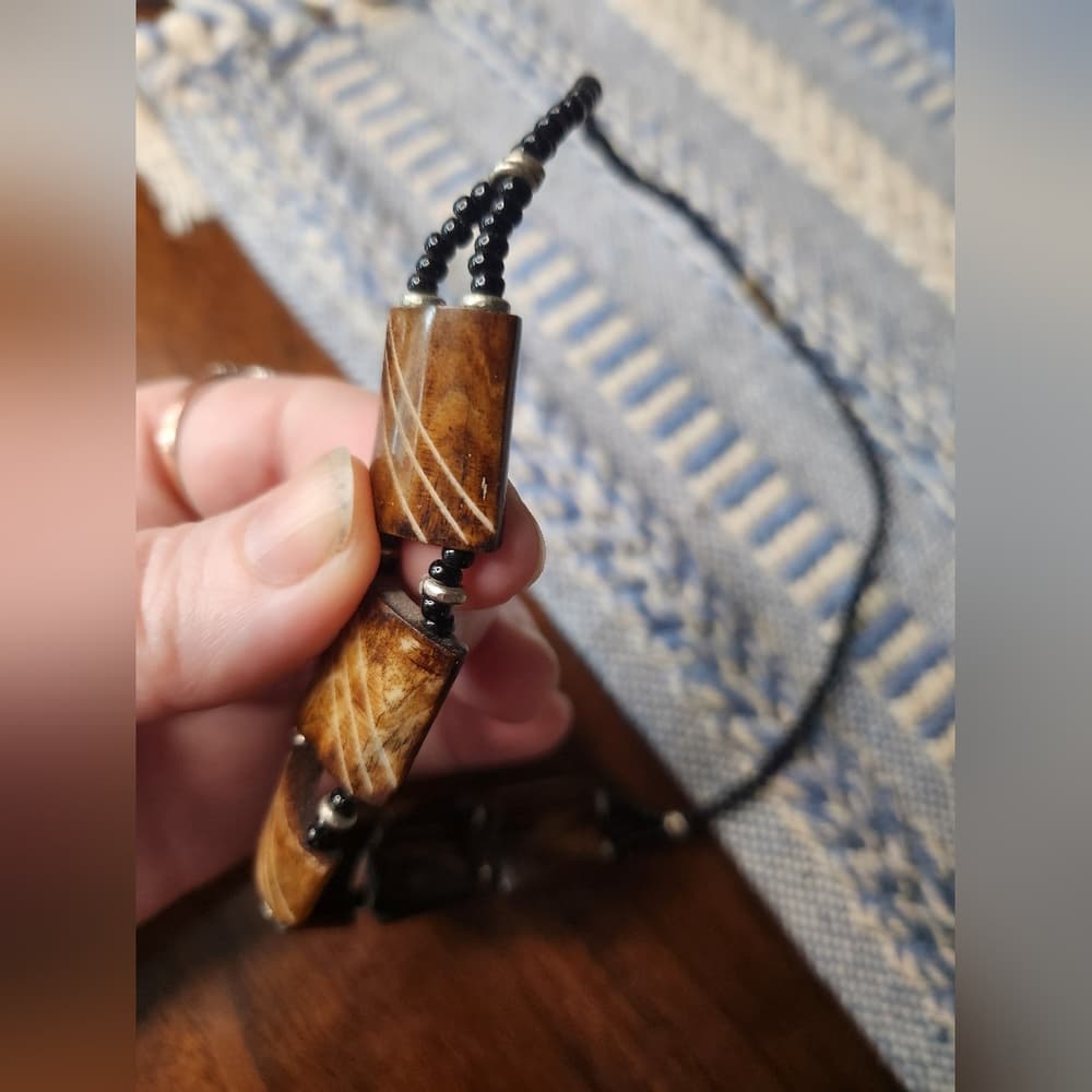 Unique Etched Bone Brown and Black Beaded Necklace - Thumbnail 7