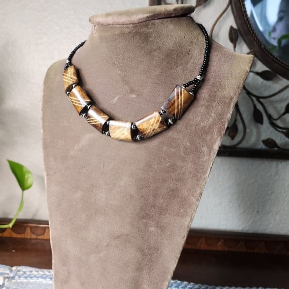 Unique Etched Bone Brown and Black Beaded Necklace - Thumbnail 9