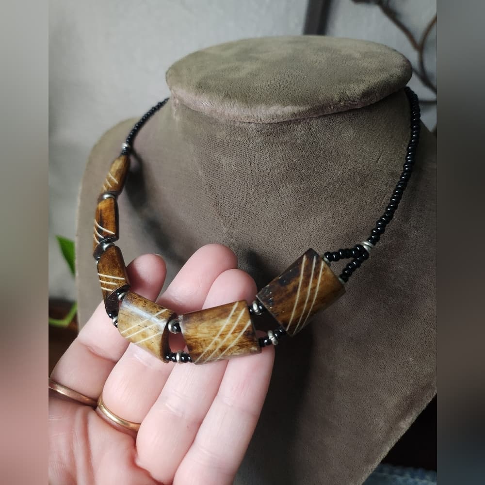 Unique Etched Bone Brown and Black Beaded Necklace - Thumbnail 2