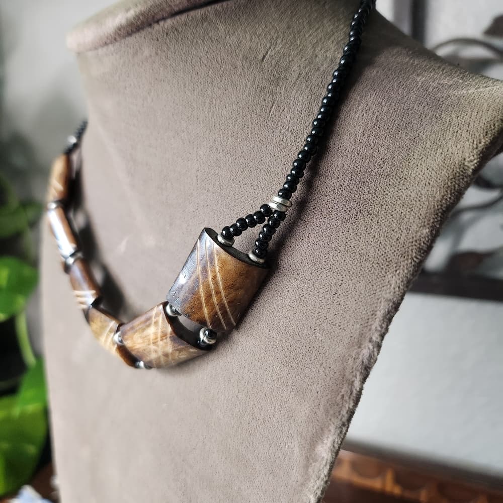 Unique Etched Bone Brown and Black Beaded Necklace