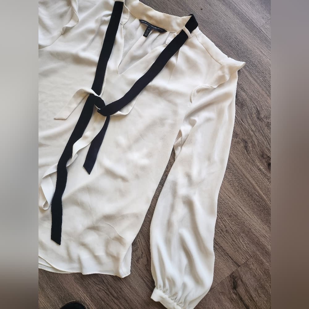 White House Black Market Cream Blouse with Black Velvet Tie Accents - Thumbnail 2