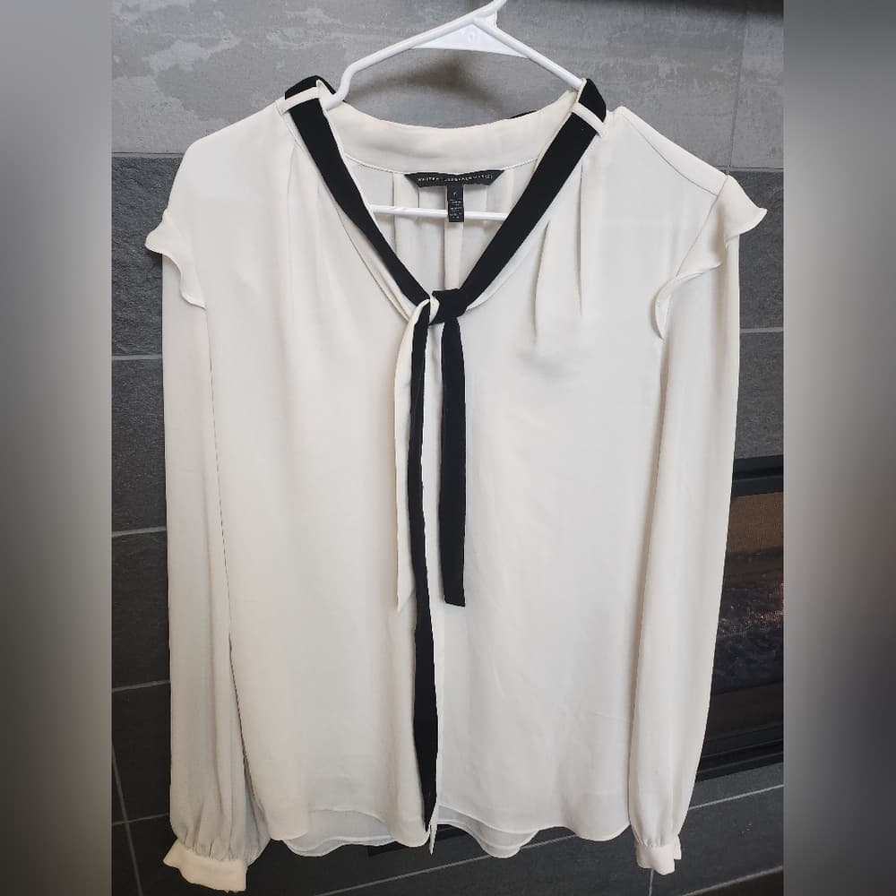 White House Black Market Cream Blouse with Black Velvet Tie Accents - Thumbnail 13