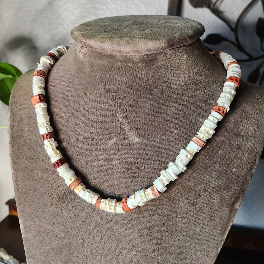 Cool White and Red Dyed Fish Vertibrae Beaded Necklace