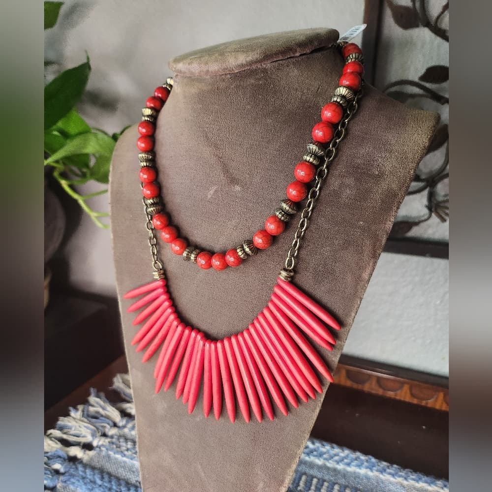 Elegant Red Dyed Howlite Fringe Double Strand Beaded Necklace - Thumbnail 9