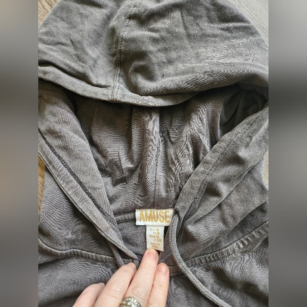Amuse Gray Fringed Zip Up Oversized Hooded Sweatshirt - Thumbnail 2