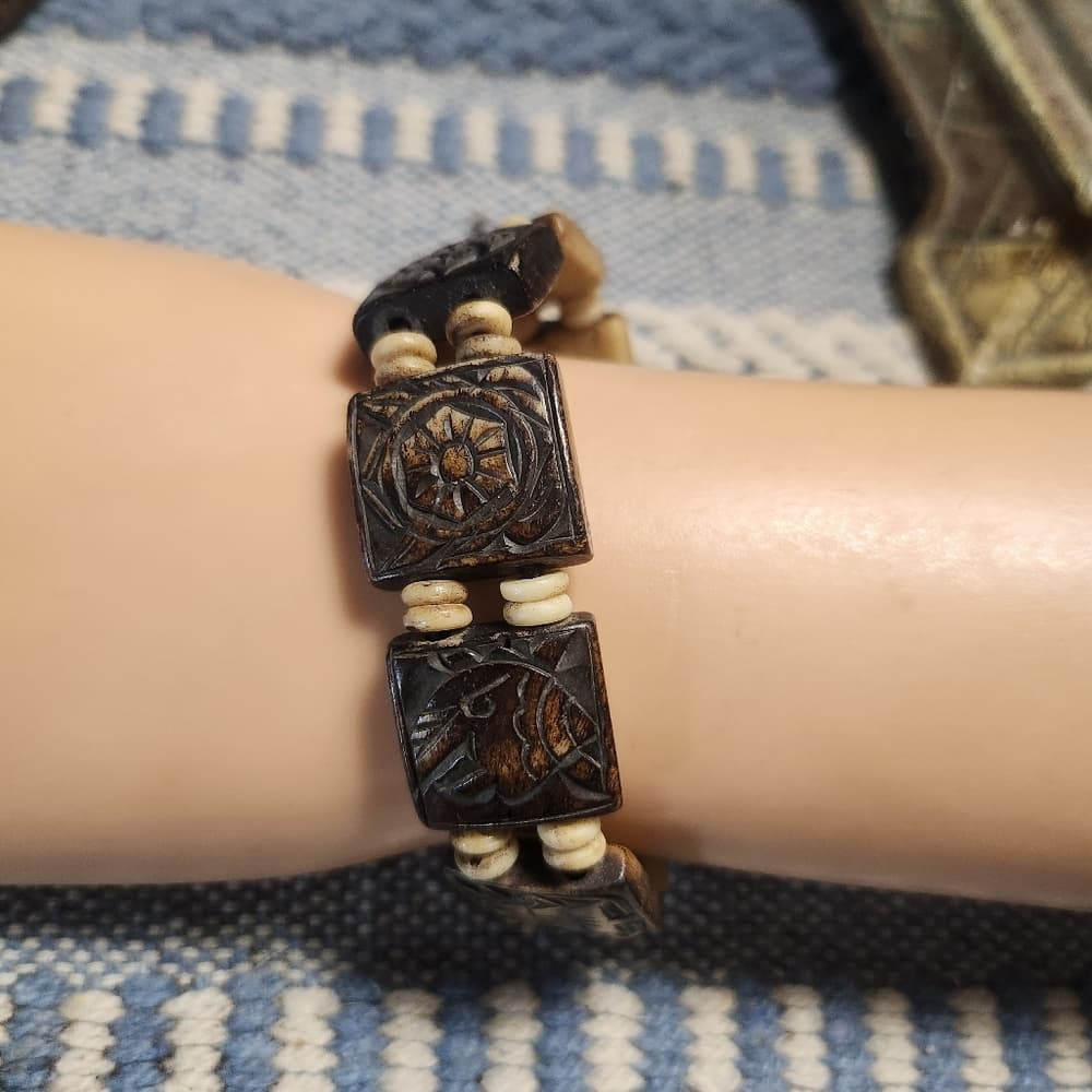 Vintage Carved Bone Brown Stained Elastic Bracelet Tribal Animal Floral Designs