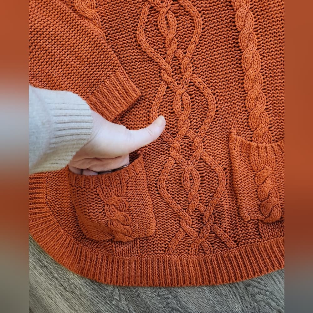 JohnPaulRichard Burnt Orange Cable Knit Sweater Crew Neck With Pockets - Thumbnail 3
