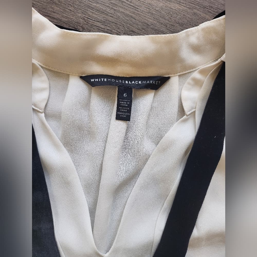 White House Black Market Cream Blouse with Black Velvet Tie Accents - Thumbnail 3