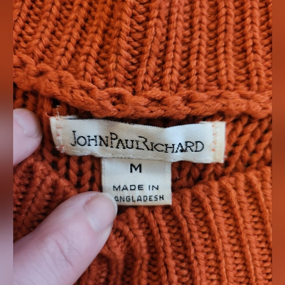 JohnPaulRichard Burnt Orange Cable Knit Sweater Crew Neck With Pockets - Thumbnail 4