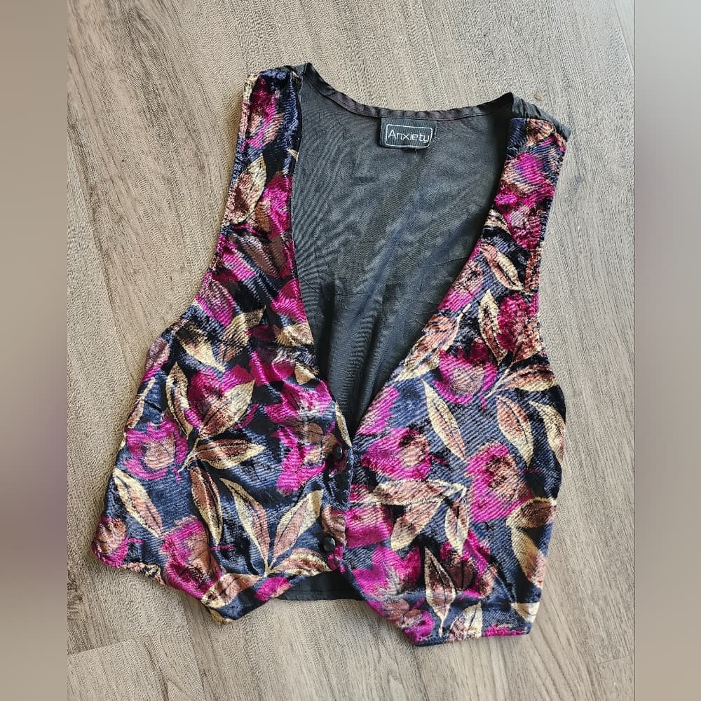 Vintage 90s Anxiety Floral Velvet Vest - Pink and Black - Thumbnail 4