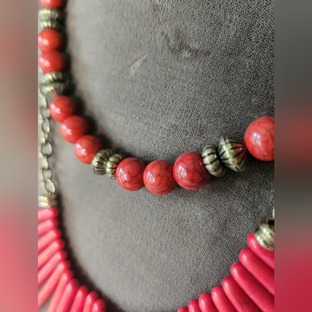 Elegant Red Dyed Howlite Fringe Double Strand Beaded Necklace - Thumbnail 4