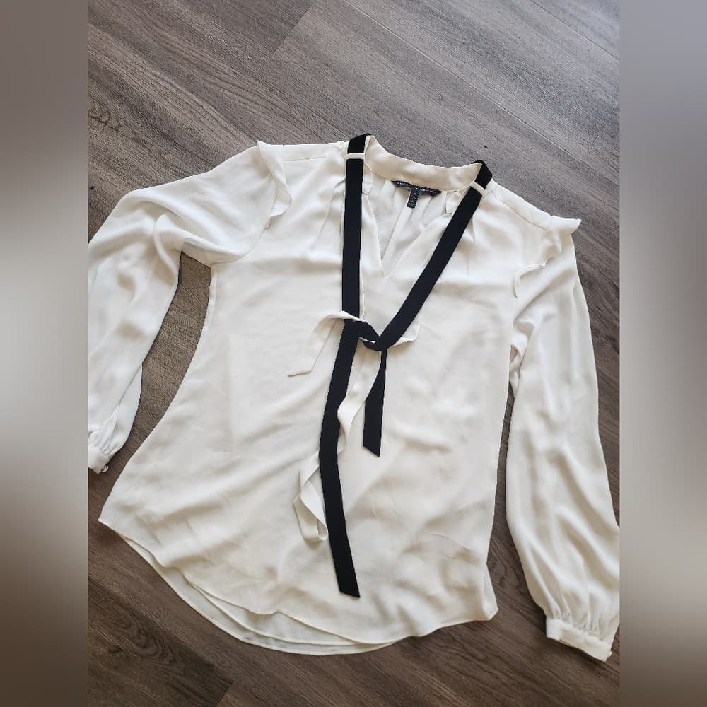 White House Black Market Cream Blouse with Black Velvet Tie Accents