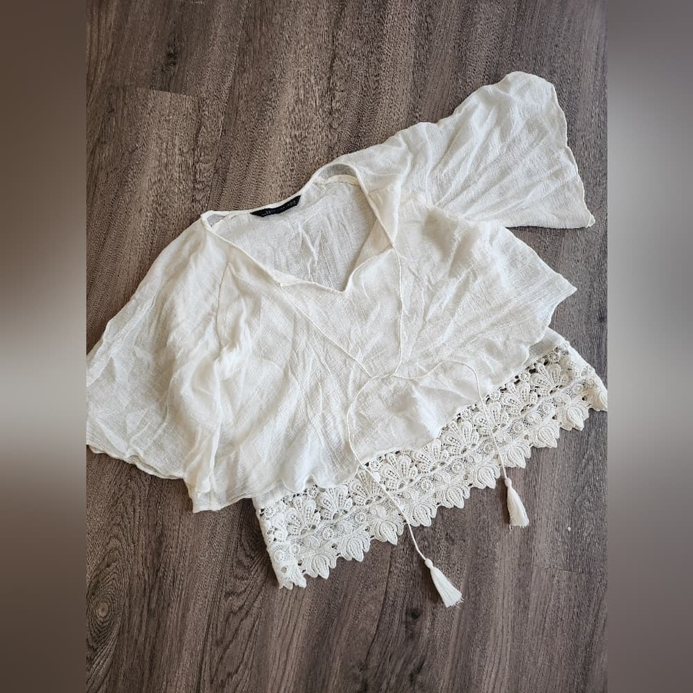 Zara Woman Creamy White Blouse With Lace Trim Tassle Tie - Thumbnail 12
