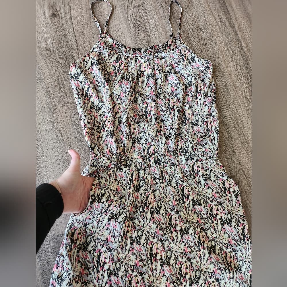 Cute Cream And Pink Spaghetti Strap Mini Polyester Dress With Pockets - Thumbnail 2